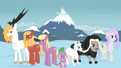 Size: 5334x3000 | Tagged: safe, spike, deer, dragon, original species, reindeer, wolf, g4, arctic, crossed arms, fanfic art, mountain, muskoxen, nord, viking