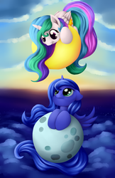 Size: 3300x5100 | Tagged: safe, artist:grennadder, princess celestia, princess luna, alicorn, pony, g4, big hooves, cewestia, cute, cutelestia, day, duality, duo, eye contact, female, filly, filly celestia, filly luna, frown, leaning, looking at each other, looking down, looking up, lunabetes, moon, night, prone, sky, smiling, sun, tangible heavenly object, woona, younger