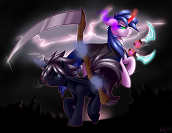 Size: 3850x2975 | Tagged: safe, artist:rubywave32, oc, oc only, alicorn, pony, dagger, dark magic, high res, lightning, magic, scythe, sombra eyes, weapon