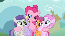 Size: 1136x640 | Tagged: safe, screencap, dinky hooves, pinkie pie, scootaloo, tornado bolt, earth pony, pegasus, pony, unicorn, a friend in deed, g4, female, filly, lidded eyes, lip bite, mare, out of context