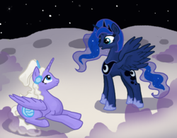Size: 1046x816 | Tagged: safe, artist:bedupolker, princess luna, alicorn, pony, g4, avatar the last airbender, crossover, eye contact, female, frown, looking at each other, mare, moon, open mouth, ponified, princess yue, prone, smiling, space, spread wings