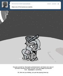 Size: 666x809 | Tagged: safe, artist:egophiliac, princess luna, moonstuck, g4, book, cartographer's cap, female, filly, hat, monochrome, moon, solo, woona, younger
