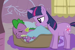 Size: 3000x2000 | Tagged: safe, artist:yinglung, spike, twilight sparkle, g4, basket, blanket, golden oaks library, high res, sleeping, spikelove