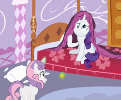 Size: 3000x2500 | Tagged: safe, artist:yinglung, rarity, sweetie belle, pony, unicorn, g4, bed, carousel boutique, derp, doorknob, fanfic art, female, high res, messy, pillow, sibling love, siblings, sisterly love, sisters, waking up