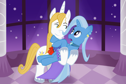 Size: 3000x2000 | Tagged: safe, artist:yinglung, prince blueblood, trixie, pony, unicorn, g4, canterlot castle, checkered floor, duo, female, grand galloping gala, high res, holding a pony, male, mare, night, ship:bluetrix, shipping, stallion, stars, straight, window