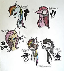 Size: 1580x1760 | Tagged: safe, artist:pinkamenacheshirepie, fluttershy, pinkie pie, rainbow dash, oc, oc:circus freak, oc:clockwork crow, spider, g4, black sclera, creepy, pinkamena diane pie, sketch, sketch dump, traditional art