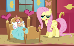 Size: 860x540 | Tagged: safe, screencap, fluttershy, philomena, bird, pegasus, phoenix, pony, a bird in the hoof, g4, season 1, backwards thermometer, bed, cropped, duo, female, fluttershy's cottage, looking at you, mare, serious face, thermometer, thousand yard stare
