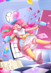 Size: 1000x1419 | Tagged: safe, artist:kelsea-chan, pinkie pie, human, g4, bakery, breasts, clothes, female, food, hand cannon, humanized, magical girl, one eye closed, open mouth, party cannon, skirt, solo, table, upskirt denied, wink