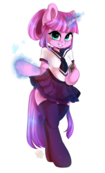 Size: 2400x3937 | Tagged: safe, artist:yukomaussi, oc, oc only, oc:sugar lace, butterfly, anthro, semi-anthro, unguligrade anthro, arm hooves, bipedal, book, clothes, cute, glowing horn, heart eyes, high res, horn, looking at you, magic, ocbetes, open mouth, pleated skirt, simple background, skirt, skirt lift, smiling, socks, solo, stockings, thigh highs, transparent background, underhoof, wingding eyes, zettai ryouiki
