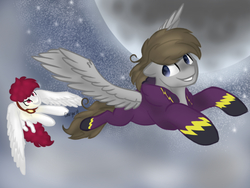 Size: 2104x1578 | Tagged: safe, artist:chargerwuvsstarbucks, oc, oc only, oc:digital dusk, pony, clothes, flying, moon, shadowbolts costume