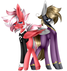 Size: 2221x2366 | Tagged: safe, artist:montyowl, oc, oc only, oc:digital dusk, oc:raspberry ripple, pony, clothes, high res, shadowbolts costume, simple background, transparent background