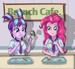 Size: 3207x2952 | Tagged: safe, artist:sumin6301, pinkie pie, starlight glimmer, equestria girls, g4, cafe, clothes, cup, cute, diapinkes, eating, equestria girls-ified, food, fork, glimmerbetes, high res, pigtails, sandwich, sitting, smiling, table, tray, younger