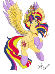 Size: 1024x1365 | Tagged: safe, artist:knightofblueeyes, sunset shimmer, twilight sparkle, alicorn, pony, g4, alicornified, big crown thingy, crown, element of magic, female, fusion, jewelry, race swap, regalia, shimmercorn, solo, twilight sparkle (alicorn)