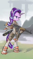 Size: 676x1200 | Tagged: safe, artist:satv12, starlight glimmer, g4, ak-47, assault rifle, female, gun, military, military uniform, pixiv, rifle, science fiction, solo, special forces, weapon