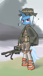 Size: 675x1200 | Tagged: safe, artist:satv12, trixie, pony, unicorn, g4, bipedal, female, gun, hat, hooves, horn, looking at you, mare, optical sight, pixiv, rifle, science fiction, sniper rifle, solo, special forces, weapon