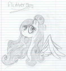 Size: 1024x1098 | Tagged: safe, artist:xxthatsmytypexx, fluttershy, g4, alternate hairstyle, female, grayscale, lined paper, monochrome, sketch, solo, traditional art
