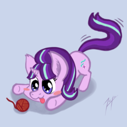 Size: 800x800 | Tagged: safe, artist:zetamad, starlight glimmer, pony, unicorn, g4, :3, behaving like a cat, cute, eyes on the prize, female, glimmerbetes, mare, smiling, solo, tongue out, yarn, yarn ball