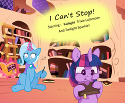 Size: 813x671 | Tagged: safe, artist:[redacted], artist:drewdini, trixie, twilight sparkle, pony, unicorn, g4, ..., aweeg*, bibliovore, book, bookshelf, cape, clothes, confused, eating, fanfic art, female, golden oaks library, hoof hold, magic, magic wand, mare, pica, question mark, sitting, telekinesis, that pony sure does love books, trixie's cape, unicorn twilight