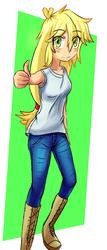Size: 427x1000 | Tagged: safe, artist:jumboz95, applejack, human, g4, boots, clothes, cute, female, humanized, jackabetes, pants, smiling, solo, thumbs up