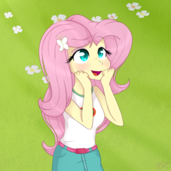 Size: 1000x1000 | Tagged: dead source, safe, artist:ultrard, fluttershy, equestria girls, g4, my little pony equestria girls: legend of everfree, amazed, blushing, clothes, colored pupils, cute, denim skirt, female, open mouth, scene interpretation, shyabetes, skirt, solo