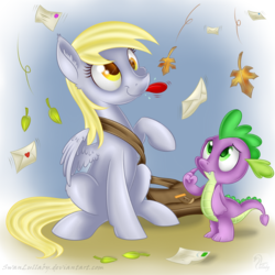 Size: 800x800 | Tagged: safe, artist:swanlullaby, derpy hooves, spike, pegasus, pony, g4, autumn, duo, female, leaves, mail, mare, tongue out