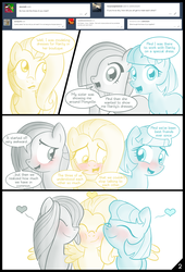 Size: 1280x1877 | Tagged: safe, artist:thealjavis, coco pommel, fluttershy, marble pie, ask the shy-tri, g4, ask, blushing, cocobetes, colored pupils, cute, daaaaaaaaaaaw, dialogue, eyes closed, heart, hnnng, hug, looking at you, looking away, marblebetes, shyabetes, simple background, smiling, speech bubble, the council of shy ponies, trio, tumblr, white background, winghug
