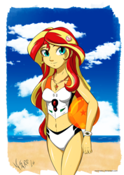 Size: 1561x2203 | Tagged: safe, artist:razamatzu, sunset shimmer, equestria girls, g4, beach, belly button, bikini, clothes, cutie mark, cutie mark necklace, dragon ball, female, jewelry, legs together, necklace, neon genesis evangelion, solo, swimsuit