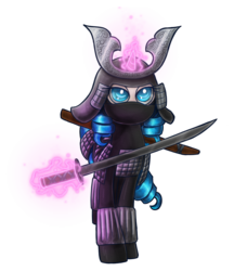 Size: 950x1100 | Tagged: safe, artist:theomegaridley, oc, oc only, oc:opuscule antiquity, pony, unicorn, armor, clothes, female, helmet, katana, magic, mare, samurai, simple background, solo, sword, transparent background, weapon