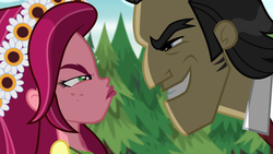 Size: 1280x720 | Tagged: safe, screencap, filthy rich, gloriosa daisy, equestria girls, g4, my little pony equestria girls: legend of everfree, duo, grin, pouting, smiling