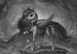 Size: 3508x2480 | Tagged: safe, artist:bra1neater, princess luna, g4, cloud, epic, female, grayscale, high res, monochrome, raised hoof, smiling, solo