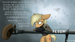 Size: 3200x1800 | Tagged: safe, artist:dangercloseart, applejack, g4, cannon, clothes, crossover, female, fury (movie), m4 sherman, m4a3e8, solo, tank (vehicle), text, weapon
