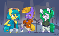Size: 4670x2852 | Tagged: safe, artist:dsp2003, oc, oc only, oc:burgunzik, oc:ginger ale, oc:shibari, earth pony, pegasus, pony, bipedal, chibi, clothes, female, glasses, grin, high res, lottery, male, microphone, open mouth, pointy ponies, prank, smiling, style emulation