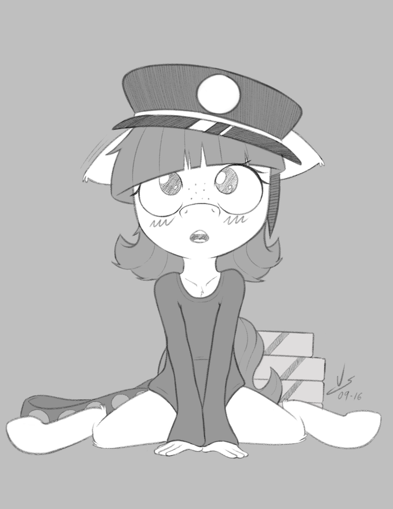 #1256333 - safe, artist:vsdrawfag, tag-a-long, earth pony, anthro,  unguligrade anthro, blushing, clothes, female, filly, filly guides, gray  background, grayscale, monochrome, simple background, sitting, solo,  sweater - Derpibooru