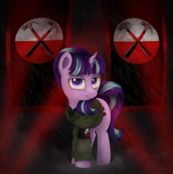 Size: 2240x2250 | Tagged: safe, artist:flufflelord, starlight glimmer, g4, clothes, crossover, equal cutie mark, female, flag, high res, implied hammers, looking at you, military uniform, pink floyd, smiling, solo, starlight himmler, the wall