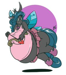 Size: 3972x4474 | Tagged: safe, artist:daikanu, queen chrysalis, anthro, unguligrade anthro, g4, arrow, bbw, belly, big breasts, bow (weapon), bow and arrow, breasts, busty queen chrysalis, chunkling, chunkling queen, cleavage, clothes, cupid, cute, cutealis, fat, female, happy, heart arrow, huge breasts, impossibly large belly, mirror universe, queen chrysalard, reversalis, silly, solo, ssbbw, tutu, weapon