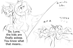 Size: 750x500 | Tagged: safe, artist:silfoe, princess luna, twilight sparkle, alicorn, pony, other royal book, g4, black and white, dialogue, exhausted, female, grayscale, lesbian, mare, monochrome, ship:twiluna, shipping, simple background, sketch, sleeping, snoring, speech bubble, tired, twilight sparkle (alicorn), white background, zzz
