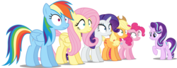 Size: 11432x4404 | Tagged: safe, artist:twls7551, applejack, fluttershy, pinkie pie, rainbow dash, rarity, starlight glimmer, pony, every little thing she does, g4, season 6, absurd resolution, cowboy hat, fiducia compellia, freckles, hat, mind control, raised hoof, show accurate, simple background, stetson, that was fast, transparent background, vector