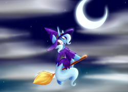 Size: 1777x1279 | Tagged: safe, artist:alazak, trixie, pony, unicorn, g4, broom, cloud, cloudy, crescent moon, female, flying, flying broomstick, hat, looking back, mare, moon, night, night sky, open mouth, sitting, solo, stars, witch, witch hat