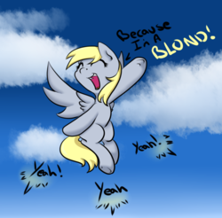 Size: 864x851 | Tagged: safe, artist:alazak, derpy hooves, pegasus, pony, g4, beautiful, blonde, captain obvious, cause i'm a blonde, eyes closed, female, flying, happy, julie brown, mare, singing, solo, song reference