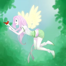 Size: 3000x3000 | Tagged: safe, artist:hikarie-katsura, fluttershy, bird, human, g4, clothes, female, flying, high res, humanized, shorts, solo, t-shirt, winged humanization
