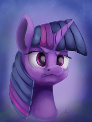 Size: 1021x1345 | Tagged: safe, artist:insanerobocat, twilight sparkle, pony, g4, bust, female, frown, grumpy, portrait, solo