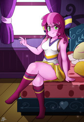 Size: 4227x6137 | Tagged: safe, artist:ohiekhe, cheerilee, equestria girls, g4, the cart before the ponies, absurd resolution, bed, bedroom, blushing, breasts, busty cheerilee, cheerileeder, cheerleader, clothes, crossed legs, female, legs, missing shoes, socks, solo