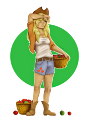 Size: 1500x2100 | Tagged: dead source, safe, artist:nifka22-02, applejack, human, g4, apple, boots, bucket, clothes, female, food, humanized, shirt, shorts, solo, tank top