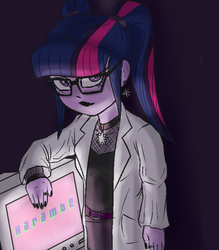 Size: 540x617 | Tagged: safe, artist:kul, sci-twi, twilight sparkle, equestria girls, g4, choker, clothes, computer, fishnet clothing, fishnet stockings, goth, harambe, lab coat, ncis, pigtails, twintails