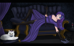 Size: 2556x1585 | Tagged: safe, artist:dezdark, opalescence, rarity, human, g4, clothes, couch, female, humanized, missing shoes, solo, stockings