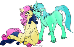 Size: 1164x743 | Tagged: safe, artist:chaoslynx1989, artist:cigarscigarettes, bon bon, lyra heartstrings, sweetie drops, earth pony, pony, unicorn, g4, chest fluff, cloven hooves, colored, female, kissing, lesbian, mare, missing cutie mark, ship:lyrabon, shipping, unshorn fetlocks