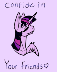 Size: 320x400 | Tagged: safe, artist:brainiac, part of a set, twilight sparkle, alicorn, pony, g4, bust, eyes closed, female, message, one wing out, partially open wings, portrait, positive ponies, purple background, simple background, solo, sternocleidomastoid, twilight sparkle (alicorn), wings