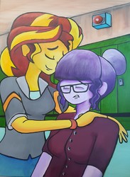 Size: 2988x4093 | Tagged: safe, artist:missmayaleanne, sci-twi, sunset shimmer, twilight sparkle, equestria girls, g4, canterlot high, clothes, comforting, crying, female, lesbian, oil painting, ship:sci-twishimmer, ship:sunsetsparkle, shipping, traditional art