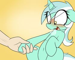 Size: 1000x800 | Tagged: safe, artist:hoofsie, lyra heartstrings, human, pony, unicorn, g4, belly, belly button, blushing, eyes on the prize, female, floppy ears, gradient background, hand, heart eyes, heavy breathing, holding hands, holding hooves, hoof hold, human fetish, human on pony hoof holding, interspecies, lewd, mare, open mouth, panting, sitting, smiling, sweat, that pony sure does love hands, that pony sure does love humans, wide eyes, wingding eyes