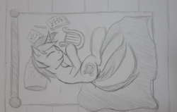 Size: 1100x700 | Tagged: safe, artist:frecklesfanatic, lyra heartstrings, g4, bed, bedroom, music notes, pencil drawing, pillow, sketch, sleeping, traditional art